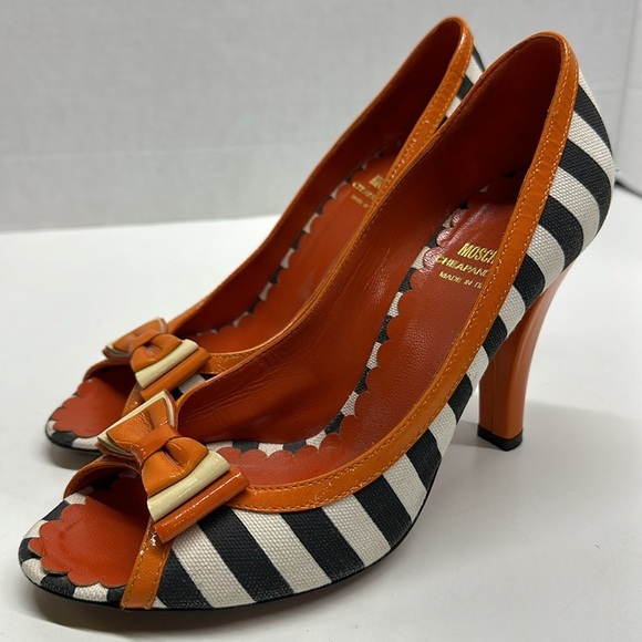 Moschino High Heels Heeled Shoes Peep Toe Bow Striped Black White Orange Size 8 - Picture 1 of 10